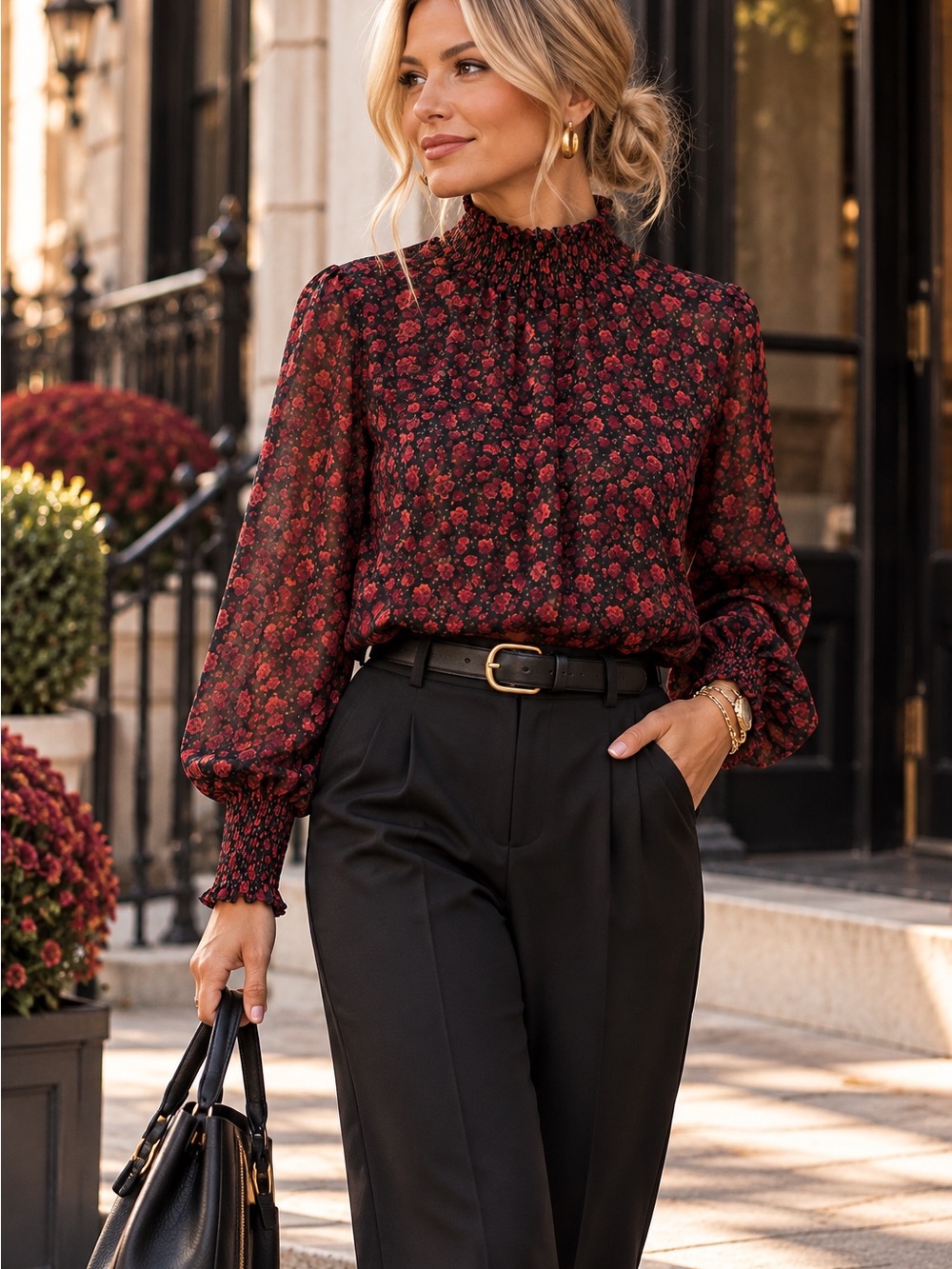 Dynamite Floral Blouse Size Small | Black & Red Romantic Sheer Top